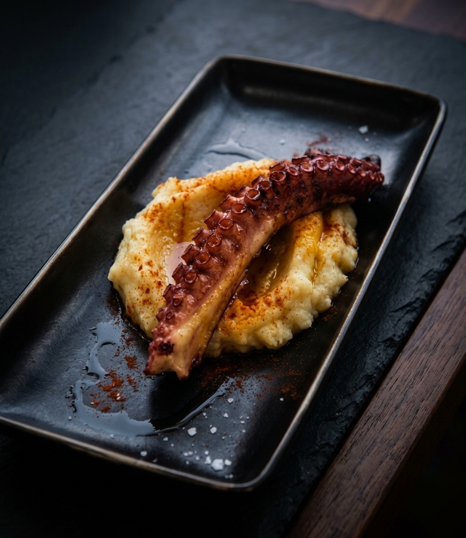 Pulpo a la brasa con puré de patata ahumada