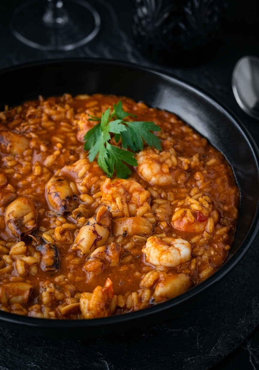 Arroz meloso de gambas y alcachofas