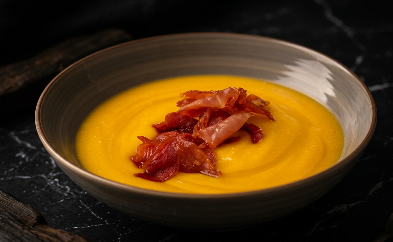 Crema de calabaza asada con crujiente de jamón