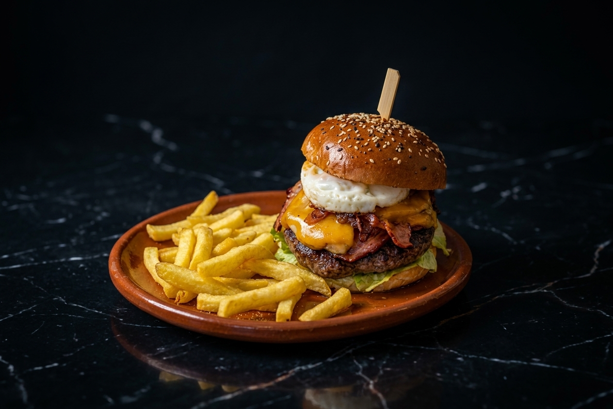Hamburguesa de ternera con patatas fritas